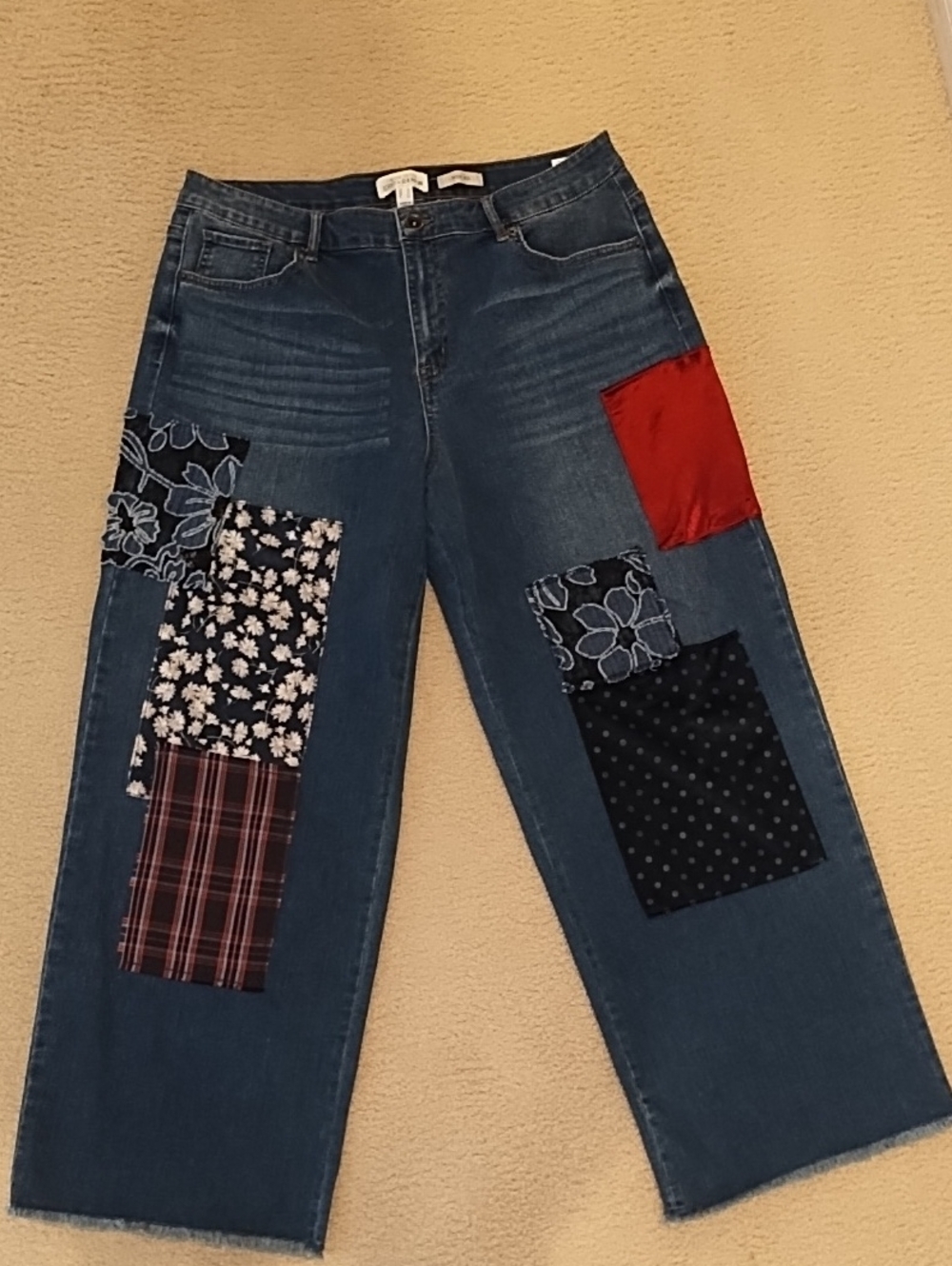 Wide Leg Patchwork Jeans - Blue with Multicolor Patches